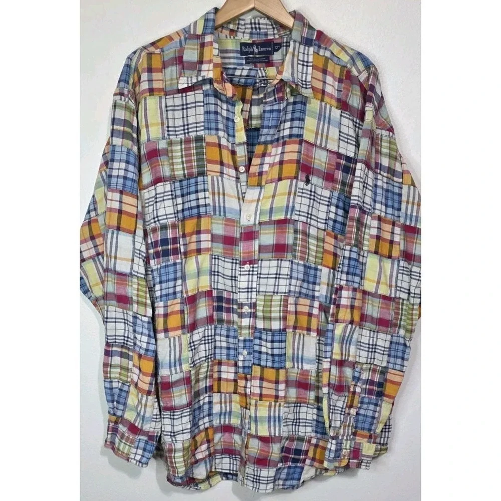 Vintage Polo Ralph Lauren Men's XXL Patchwork‎ Shirt Madras Y2K Casual Vacay EUC